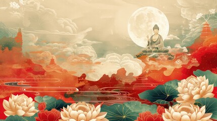 banner background Theravada New Year Day theme, and wide copy space, An illustration of the Eight Auspicious Symbols of Buddhism, each representing a different aspect of spiritual life,