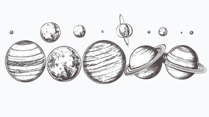Planets lined up in row. Solar system drawn in monoch