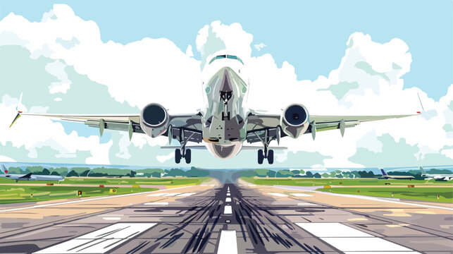 Plane takes off on the runway. Vector flat style ilus