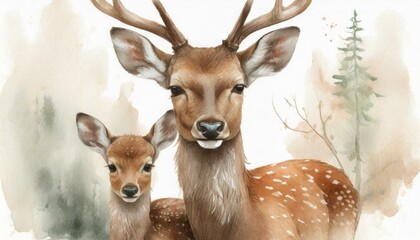 watercolor painting illustration of deer with his little cute cub