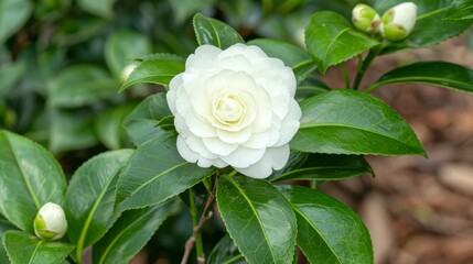   A tight shot of a white bloom atop a plant, surrounded by emerald leaves and beneath a layer of earth