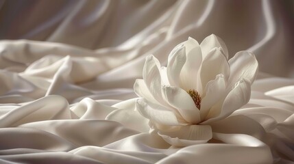   A large white flower atop a bed, its pristine petals contrasting against white sheets and a backdrop of smooth white satin fabric