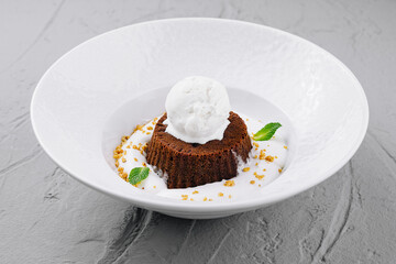 Decadent molten chocolate lava cake with vanilla ice cream