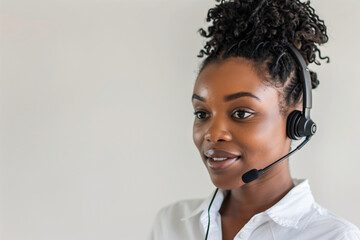 focused expression of a customer service agent using a headset to assist customers, against a pristine white background, highlighting dedication and attentiveness in the call cente