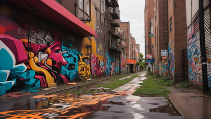A narrow alleyway with graffiti on the walls and a puddle of water on the ground.

