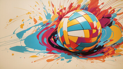 Multiple volleyballs on a colorful background.

