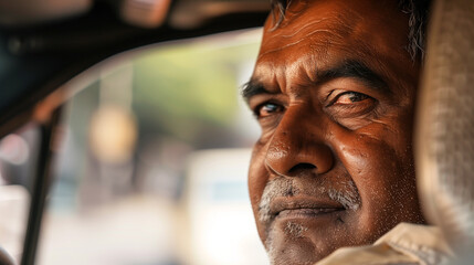 copy space, stockphoto, close-up of a middle aged indian taxi driver in his taxi. Male Indian...