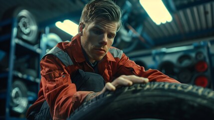 A focused young man in a mechanic's uniform skillfully changing a tire, showcasing expertise and precision
