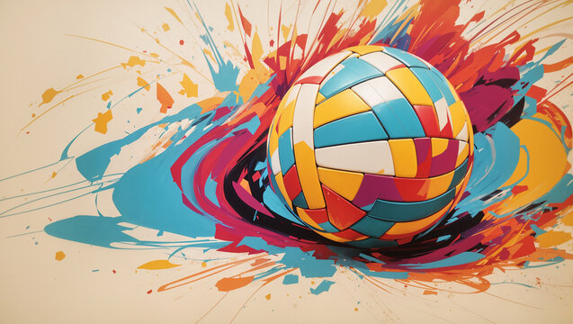 Multiple volleyballs on a colorful background.

