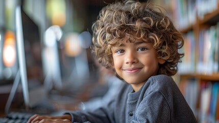 Cheerful young Arab schoolboy with curly hair smiles while using a computer in a library environment, exuding a sense of joy and curiosity. - Powered by Adobe