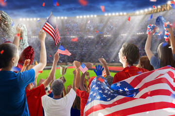 USA team supporter on stadium. American fans.