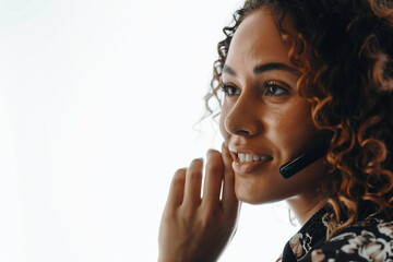 empathy and patience of a customer support specialist as she assists a customer, against a clean white background, exemplifying the human touch in providing support services.