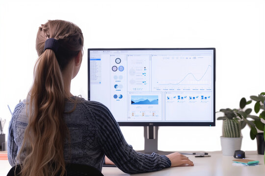 customer support specialist at her workstation, surrounded by technological tools, against a white background, symbolizing accessibility and readiness to address customer needs.