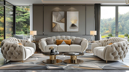Art Deco-inspired living room sofa, geometric patterns, chrome accents, velvet furniture, 3d render. photo-realistic, generative ai.