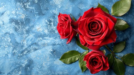  Three red roses on green leaves against a blue and white backdrop Space for message or name