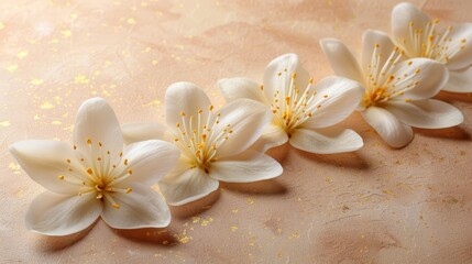 Fototapeta na wymiar Three white flowers with yellow stamens on a beige background, edged with gold petal flecks
