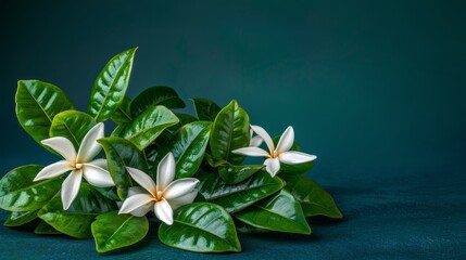   White flowers atop a lush, green plant against a blue surface