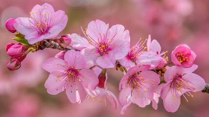 Fototapeta premium Pink flowers bloom on a tree branch against a blurred, rose-tinted backdrop of more flowers