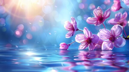   A collection of pink blooms floating atop a tranquil body of water against a backdrop of a vibrant blue sky