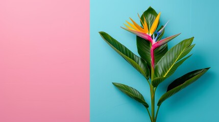   Two flowers, one on each side of a pink and blue background