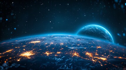 Earth with clouds, dark space with stars, connectivity, environmental protection, communication, networking, visualization, iot, blockchain, Earth
