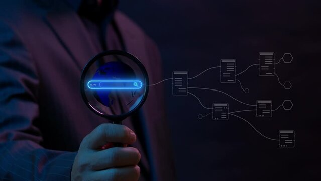 SEO search engine optimization concept. Marketing ranking traffic website, internet technology for business company. Magnifying glass focus on animation of search bar with world global icon.
