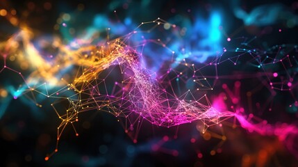 A dynamic visualization of a neural network with interconnected neurons firing in bright colors against a black backdrop
