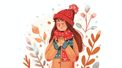 Girl holds a cup with a warm drink in the cold season