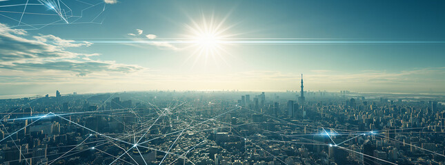 Sunrise over Sprawling Metropolis: Aerial View of a City Awakening to Daylight