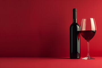 Bottle and glass of red wine on a red background. Copy space. generative ai - obrazy, fototapety, plakaty