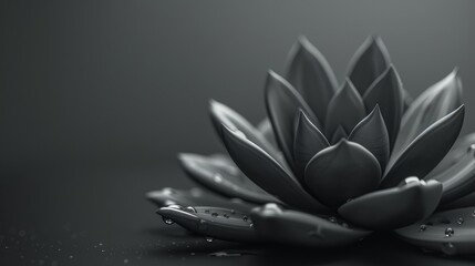  A black-and-white image of a water lily flower with drops of water on its petals - obrazy, fototapety, plakaty