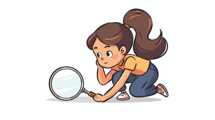 Girl looking through a magnifying glass. Hand drawn s