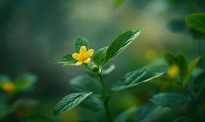 a green leaf with a pale yellow flower in the background,  Generative AI