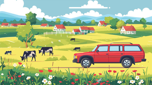 Red station wagon car on the background summer landscape
