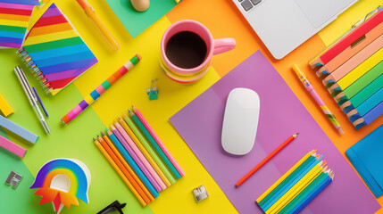 Colorful office desk setup with rainbow stationary, embodying creativity and vibrant work environment