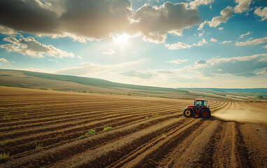 Tractor plowing fields under sunny sky
