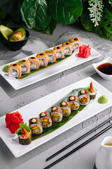 Gourmet sushi platter on elegant table setting