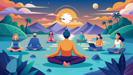 Obraz premium Virtual Mindfulness Retreat: Serene Avatars in Tranquil Setting, People Are Doing Yoga