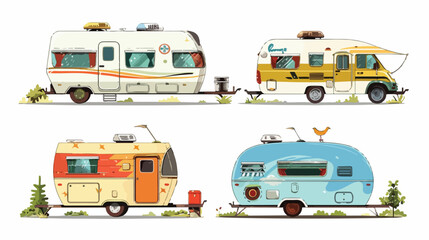 Retro camper car trailers caravan isolated. Summer 