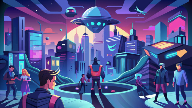 Futuristic Metaverse Cityscape with Tech Avatars - Vector Illustration