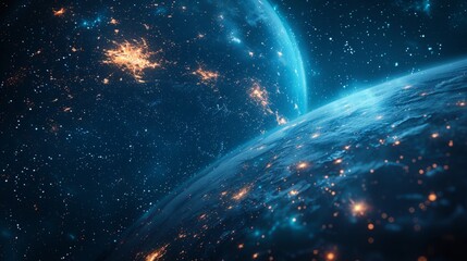 Earth with clouds, dark space with stars, connectivity, environmental protection, communication, networking, visualization, iot, blockchain, Earth - obrazy, fototapety, plakaty