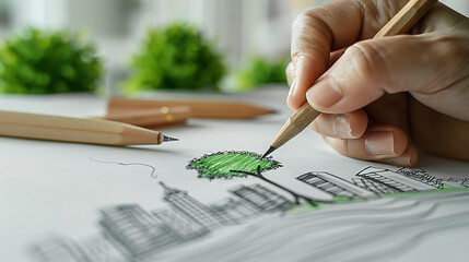 Person sketching a sustainable green city concept with eco friendly buildings and a tree on paper....