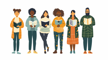 Group of people with books. Hand drawn style vector d