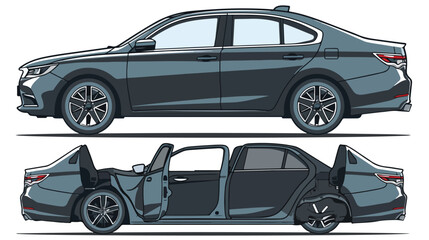 Sedan car with open boot. Side and background view. Vector