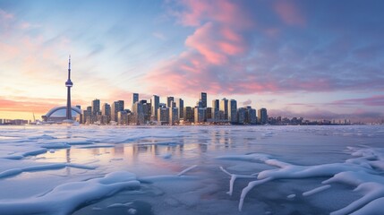 A panoramic view of the Toronto skyline, covered in ice and snow with visible ripples on its frozen...