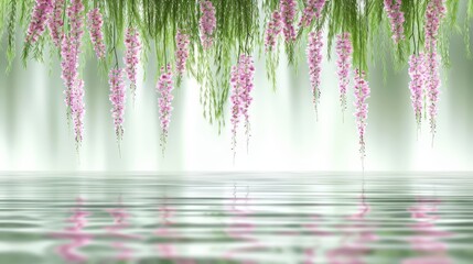   A tree laden with pink blooms oversees a tranquil body of water, mirrored in its still surface