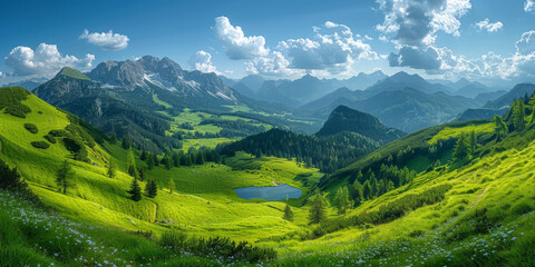 Beautiful green grassy mountain landscape with blue sky and clouds in the background, - obrazy, fototapety, plakaty