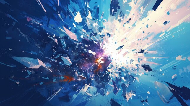 2d illustration depicting shattered glass or an exploding ice effect with bursting particles explosive energy and a dynamic galaxy in a comic style composition Featuring grungy fragments of