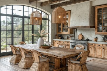 Farmhouse-inspired dining room with wicker chairs and rustic wooden table, paired with modern lighting and decor