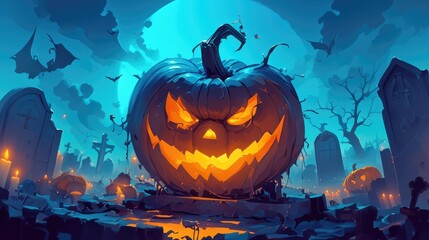 2d illustration design featuring a Halloween pumpkin with a menacing face and a spooky graveyard tombstone